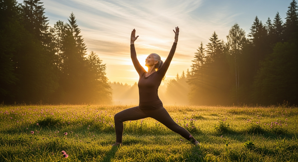 Adulto mayor activo practicando ejercicio saludable yoga bienestar longevidad vitalidad energía envejecimiento activo calidad de vida