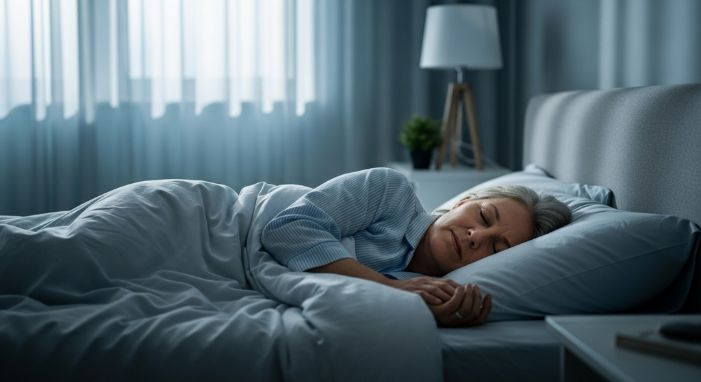 Persona durmiendo profundamente en habitación oscura - sueño reparador para longevidad y salud