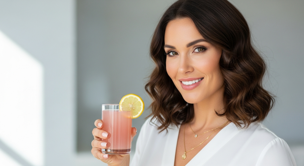 Descripción para SEO: Mujer feliz tomando colágeno hidrolizado suplemento piel radiante cabello saludable bienestar belleza natural vitalidad salud