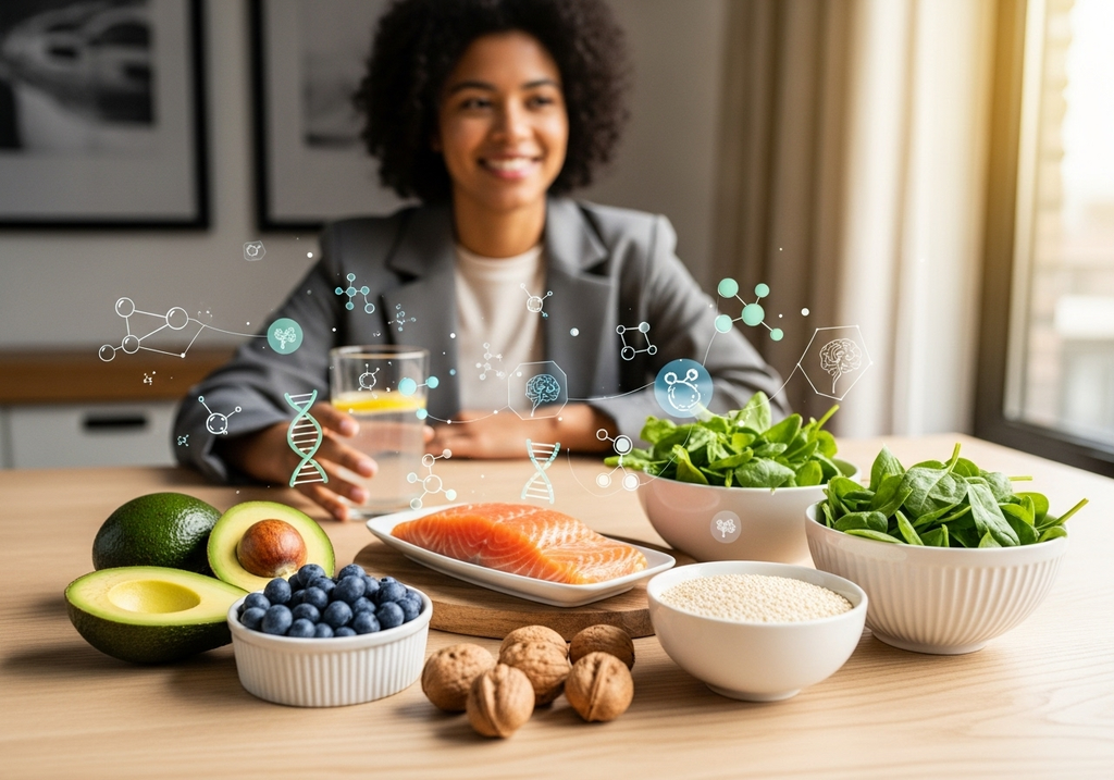 Nutrición inteligente moderna - alimentos frescos y saludables con elementos científicos representando el futuro de la alimentación consciente