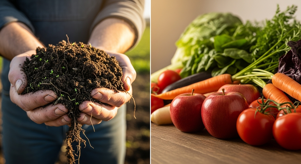 Composición dividida suelo fértil manos agricultor alimentos frescos coloridos mesa madera conexión empobrecimiento tierra pérdida nutrientes vitaminas