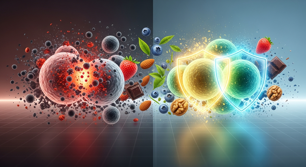 Representación visual protección antioxidante células contra radicales libres estrés oxidativo alimentos saludables arándanos chocolate té prevención envejecimiento