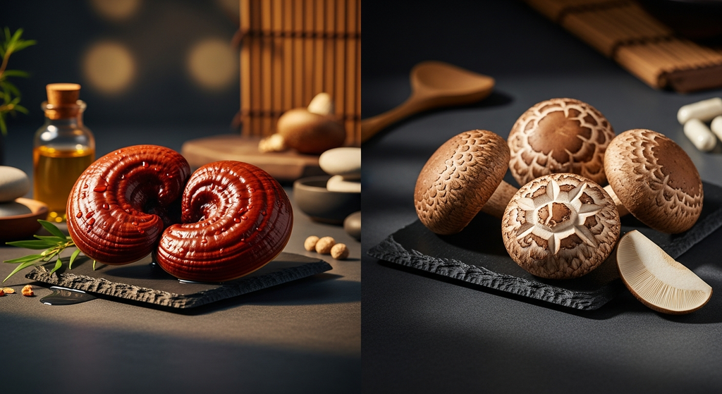 Hongos medicinales Reishi Ganoderma Shiitake Lentinula edodes suplementos longevidad sistema inmune adaptógenos REFZA Companion ingredientes naturales